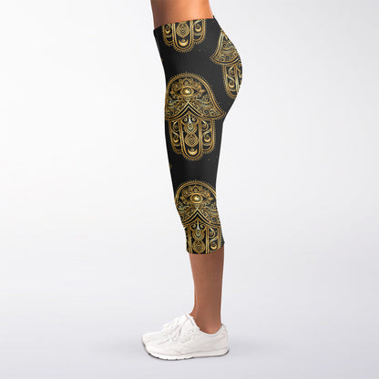 Gold Hamsa Pattern Print Women's Capri Leggings