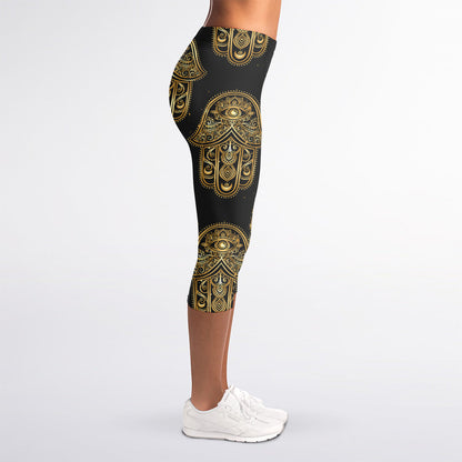Gold Hamsa Pattern Print Women's Capri Leggings