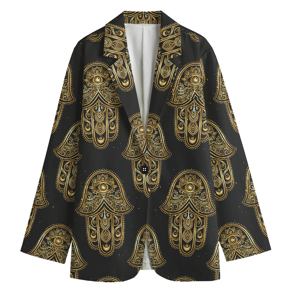 Gold Hamsa Pattern Print Women's Cotton Blazer