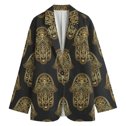 Gold Hamsa Pattern Print Women's Cotton Blazer