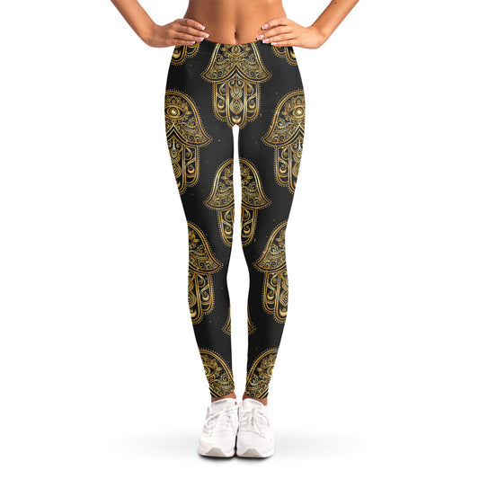 Gold Hamsa Pattern Print Women's Leggings