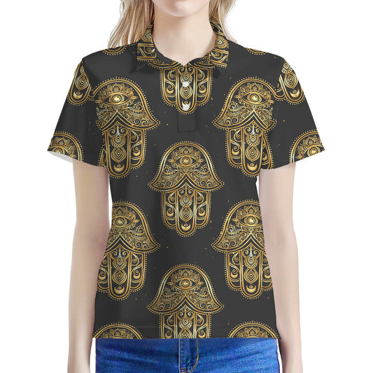 Gold Hamsa Pattern Print Women's Polo Shirt
