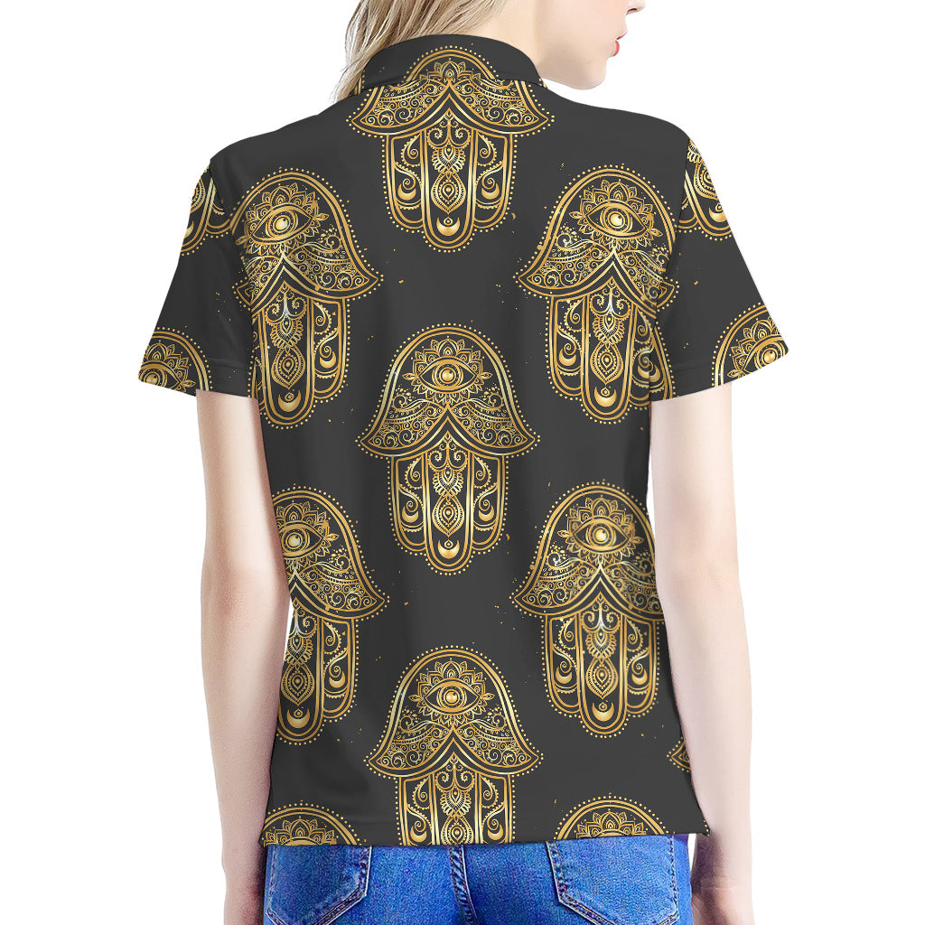 Gold Hamsa Pattern Print Women's Polo Shirt
