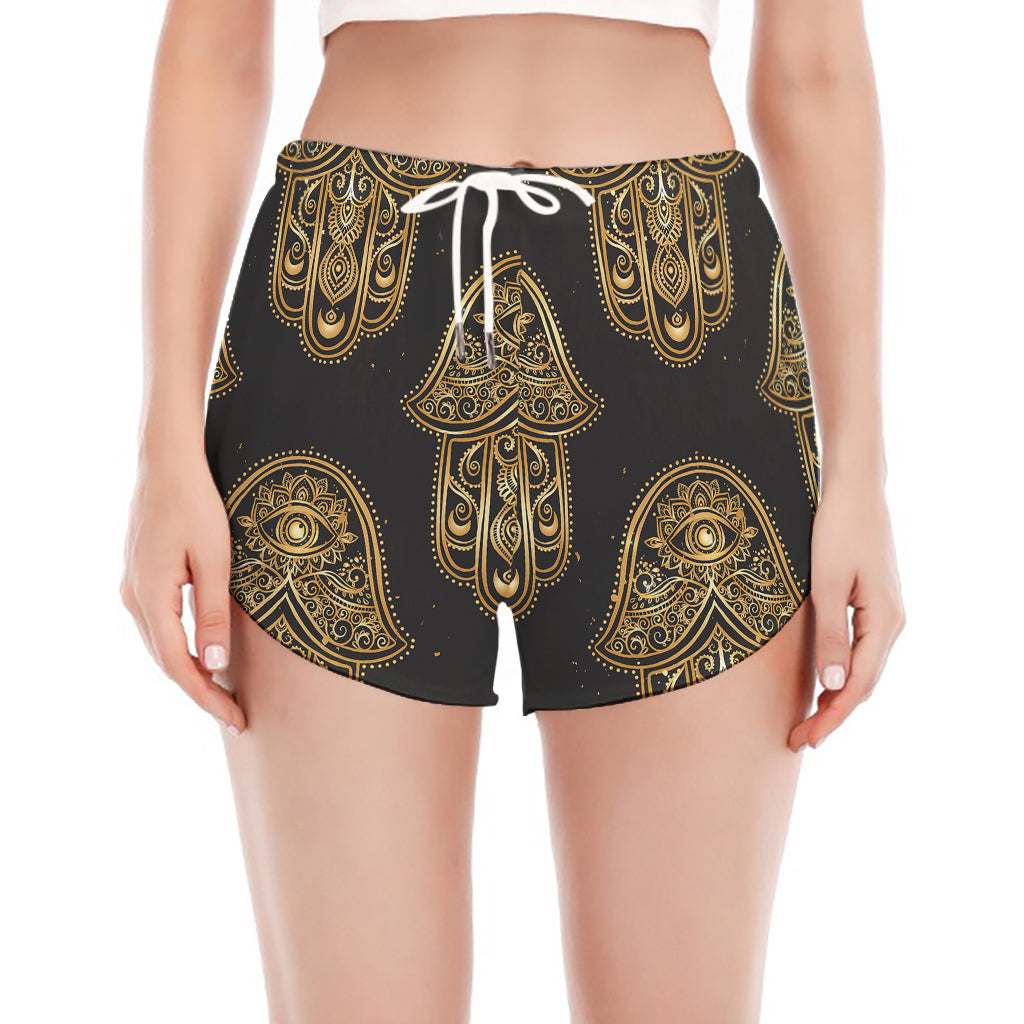 Gold Hamsa Pattern Print Women's Split Running Shorts