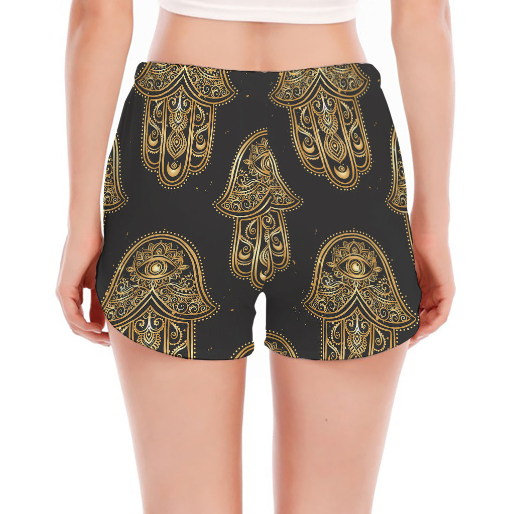 Gold Hamsa Pattern Print Women's Split Running Shorts