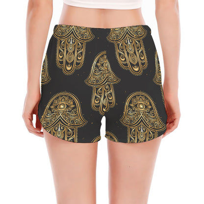 Gold Hamsa Pattern Print Women's Split Running Shorts
