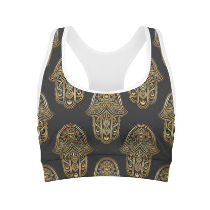 Gold Hamsa Pattern Print Women's Sports Bra