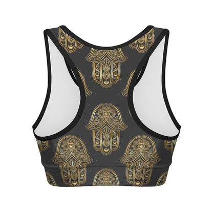 Gold Hamsa Pattern Print Women's Sports Bra