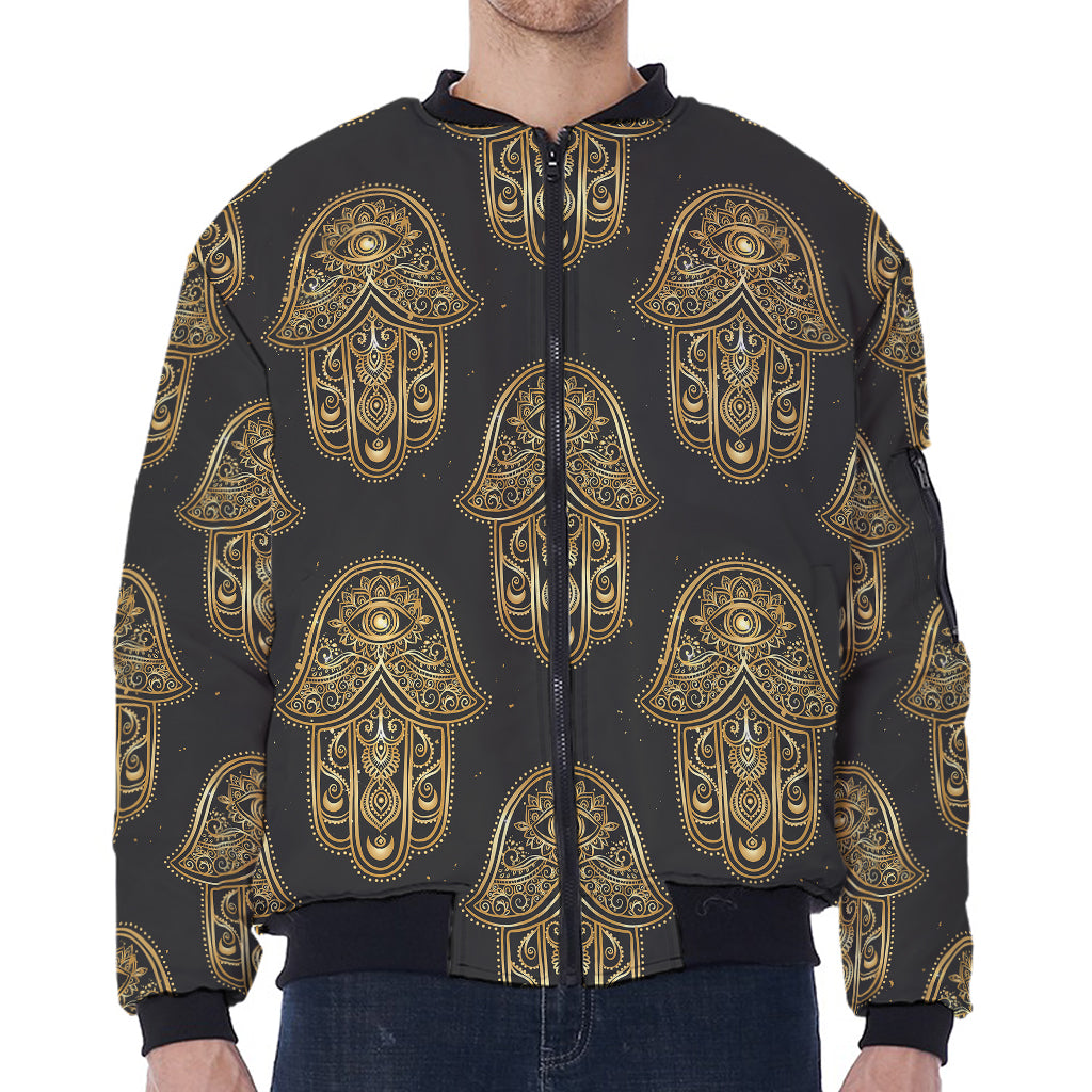 Gold Hamsa Pattern Print Zip Sleeve Bomber Jacket