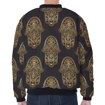 Gold Hamsa Pattern Print Zip Sleeve Bomber Jacket