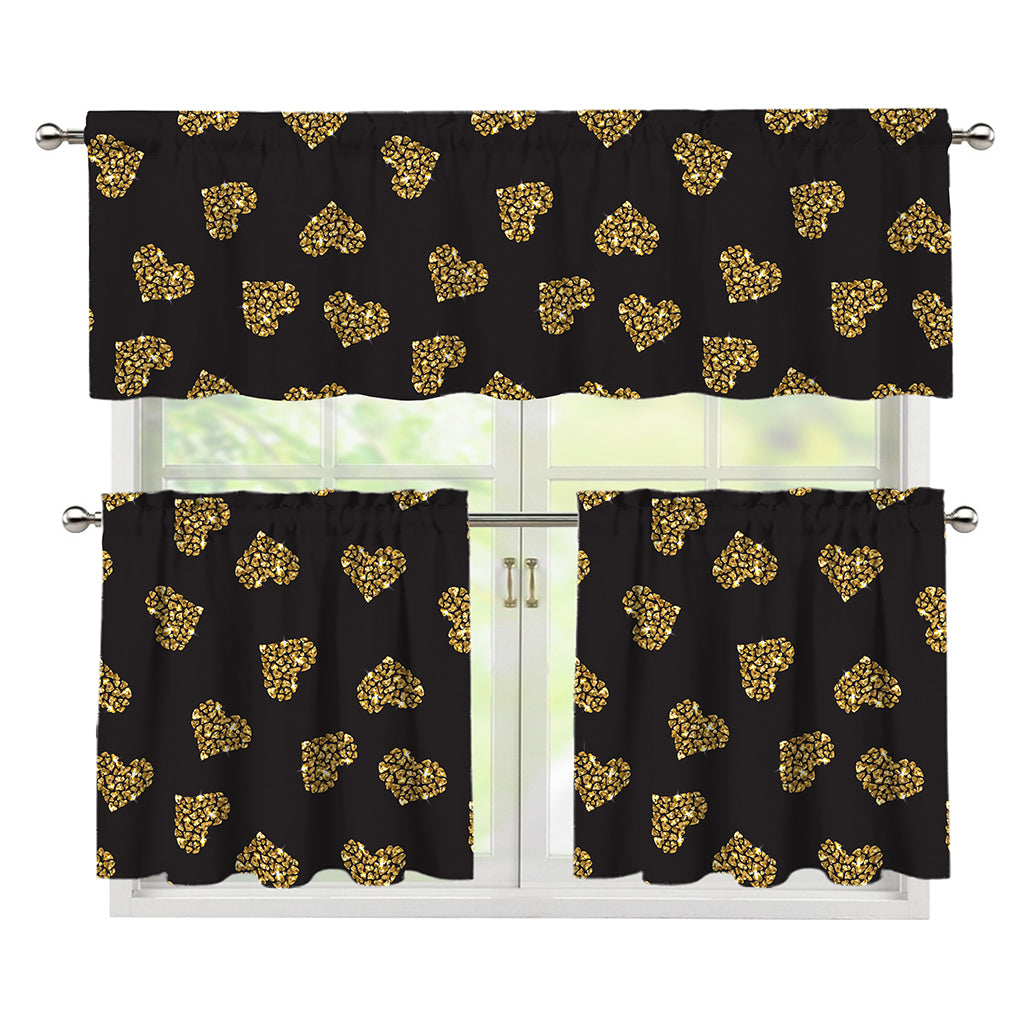 Gold Heart (NOT Real) Glitter Print 3 Piece Kitchen Curtains