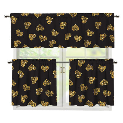 Gold Heart (NOT Real) Glitter Print 3 Piece Kitchen Curtains