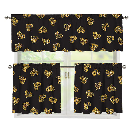 Gold Heart (NOT Real) Glitter Print 3 Piece Kitchen Curtains