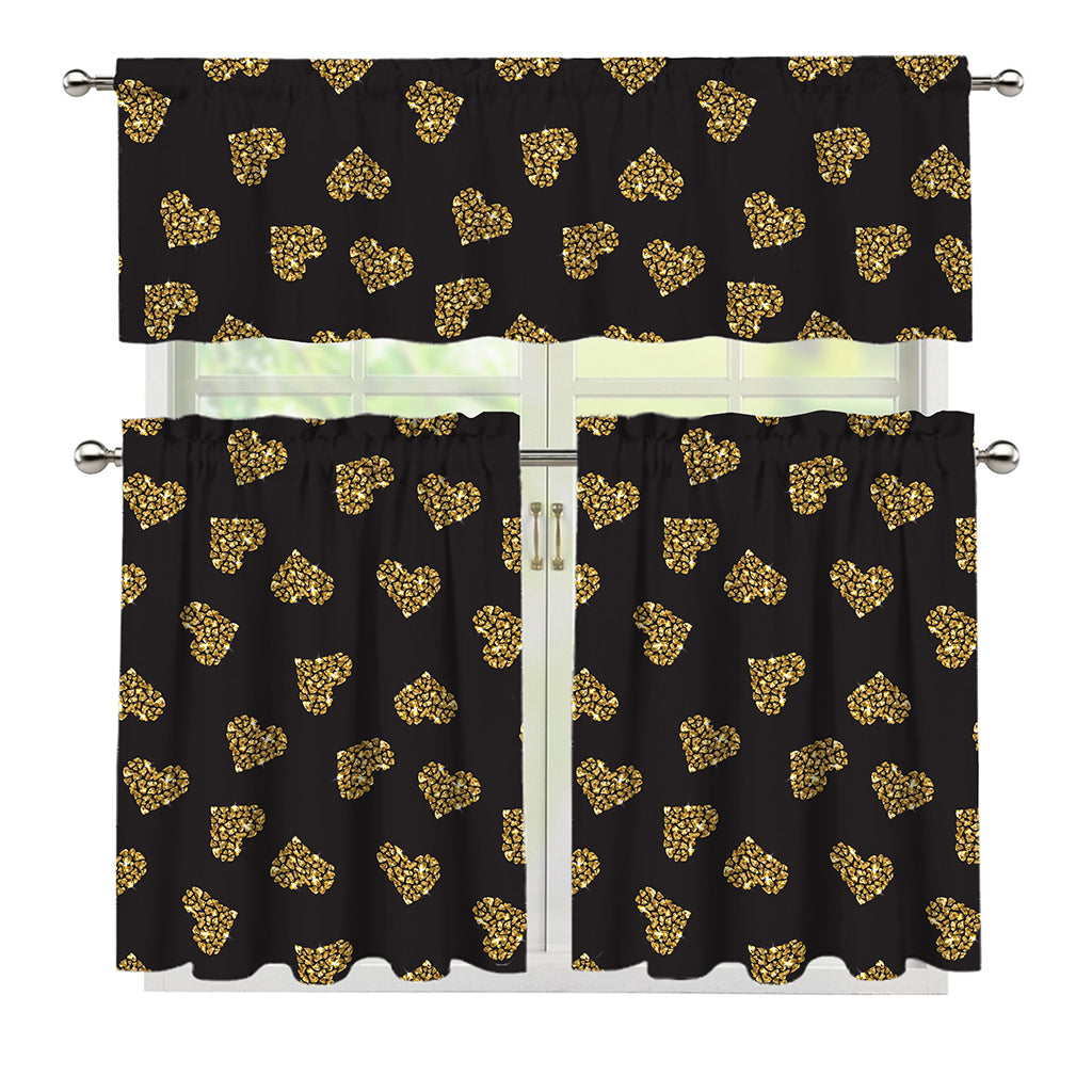 Gold Heart (NOT Real) Glitter Print 3 Piece Kitchen Curtains