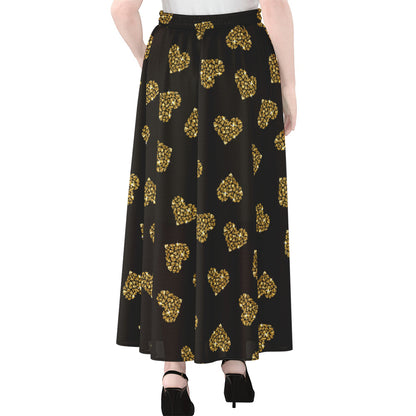 Gold Heart (NOT Real) Glitter Print Chiffon Maxi Skirt