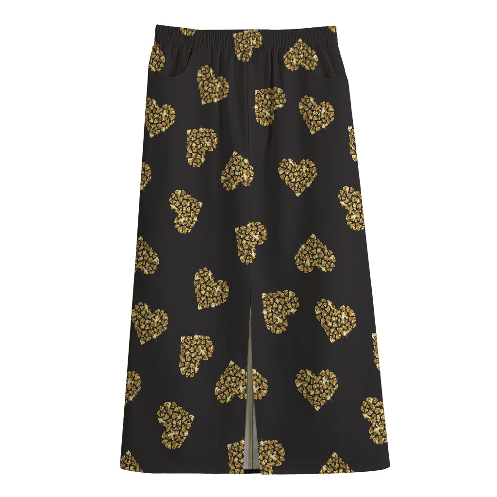 Gold Heart (NOT Real) Glitter Print Cotton Front Slit Maxi Skirt
