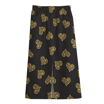 Gold Heart (NOT Real) Glitter Print Cotton Front Slit Maxi Skirt