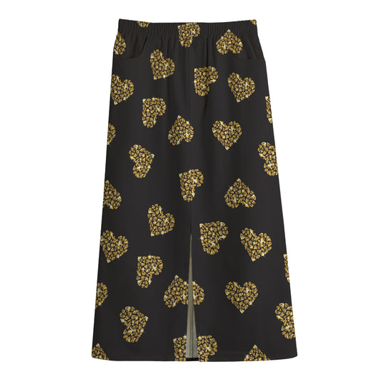 Gold Heart (NOT Real) Glitter Print Cotton Front Slit Maxi Skirt