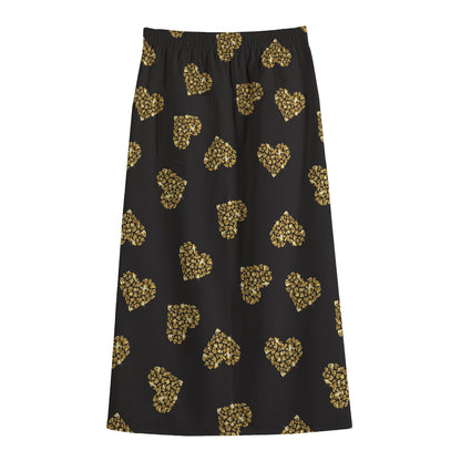Gold Heart (NOT Real) Glitter Print Cotton Front Slit Maxi Skirt