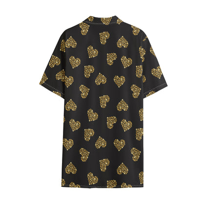 Gold Heart (NOT Real) Glitter Print Cotton Hawaiian Shirt
