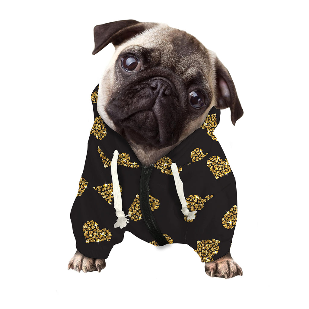 Gold Heart (NOT Real) Glitter Print Dog Zip Up Hoodie