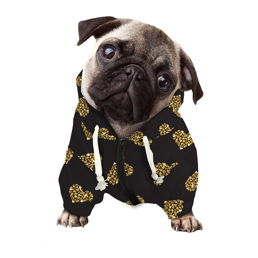 Gold Heart (NOT Real) Glitter Print Dog Zip Up Hoodie