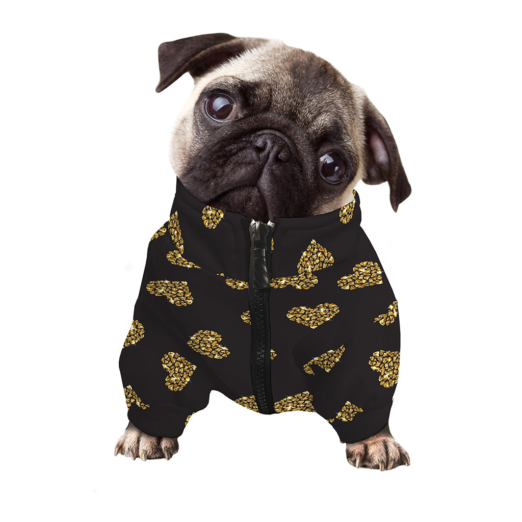Gold Heart (NOT Real) Glitter Print Dog Zip Up Jacket