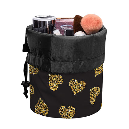 Gold Heart (NOT Real) Glitter Print Drawstring Makeup Bag