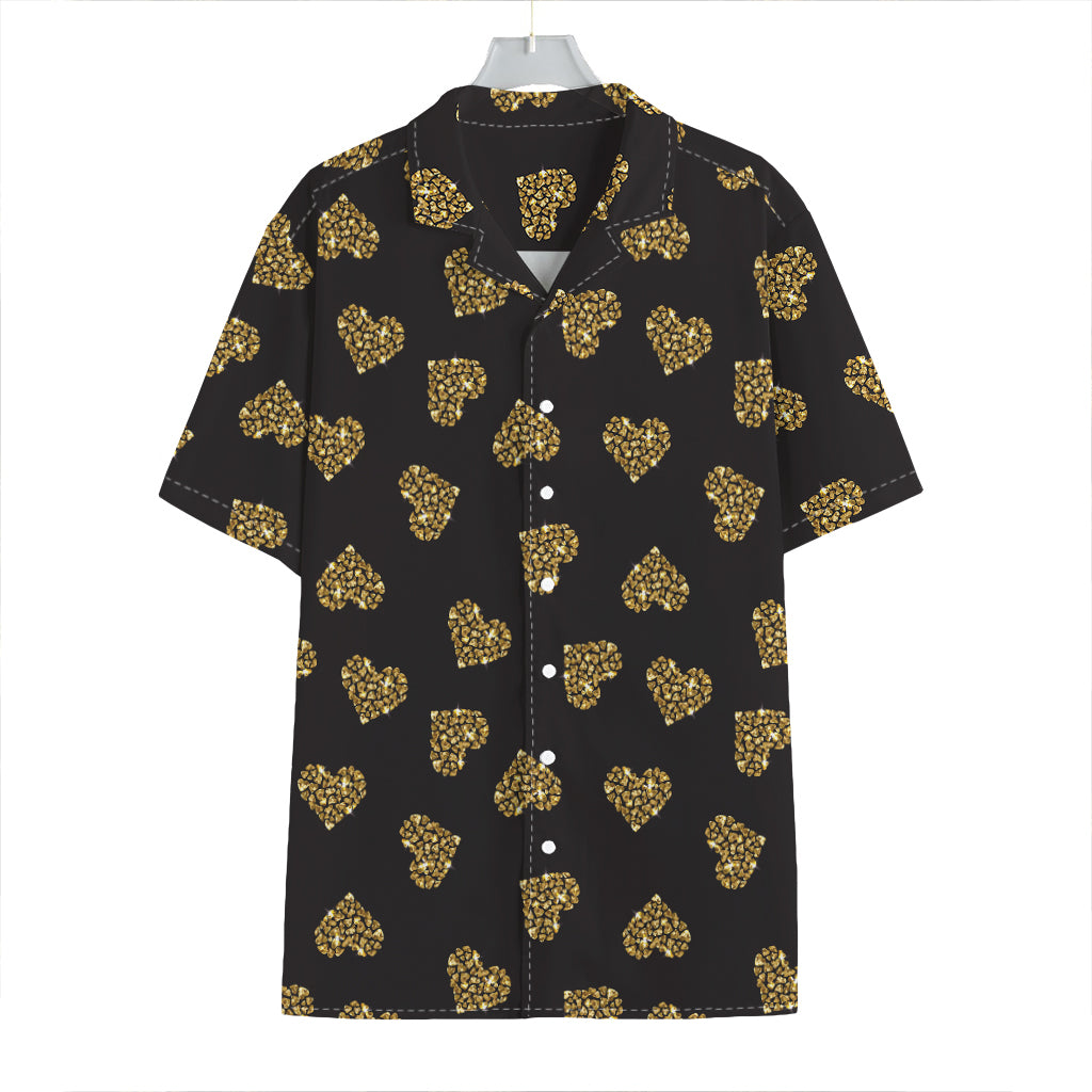 Gold Heart (NOT Real) Glitter Print Hawaiian Shirt