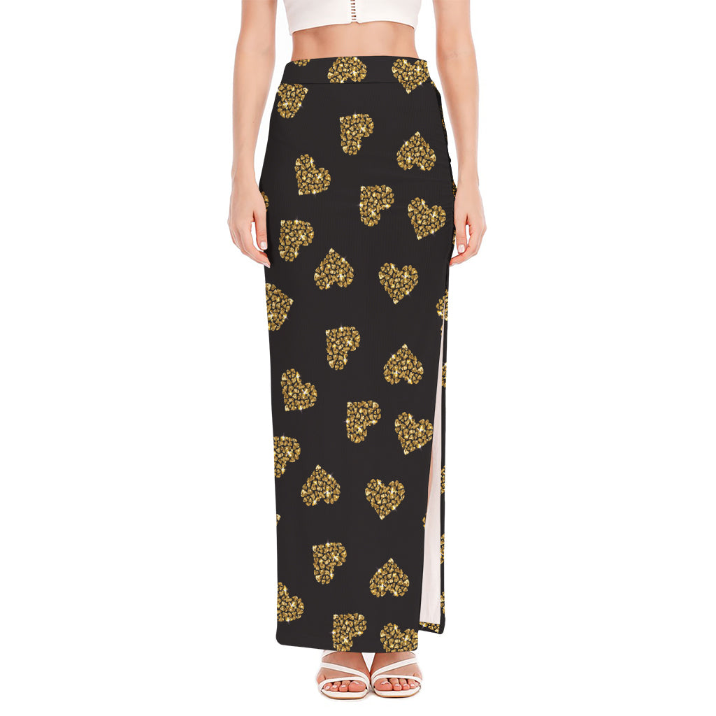 Gold Heart (NOT Real) Glitter Print High Slit Maxi Skirt