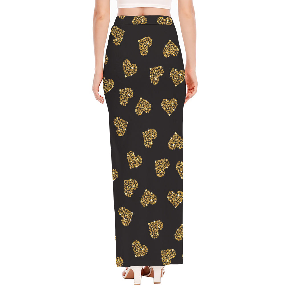 Gold Heart (NOT Real) Glitter Print High Slit Maxi Skirt