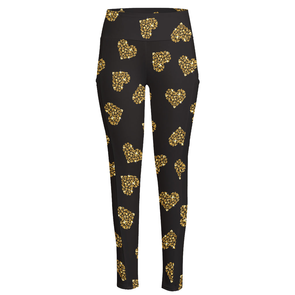 Gold Heart (NOT Real) Glitter Print High-Waisted Pocket Leggings