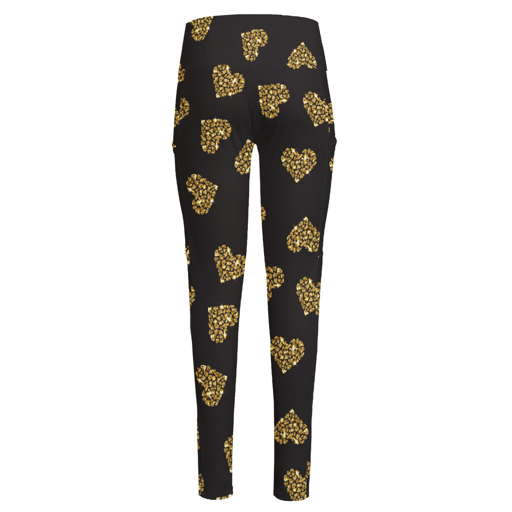 Gold Heart (NOT Real) Glitter Print High-Waisted Pocket Leggings