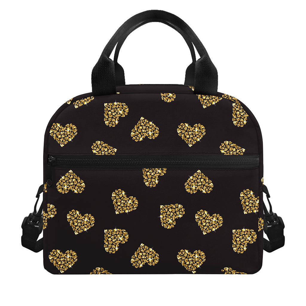 Gold Heart (NOT Real) Glitter Print Insulated Lunch Bag