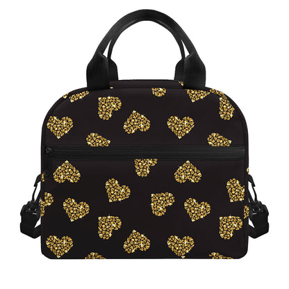 Gold Heart (NOT Real) Glitter Print Insulated Lunch Bag