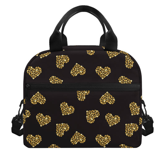 Gold Heart (NOT Real) Glitter Print Insulated Lunch Bag