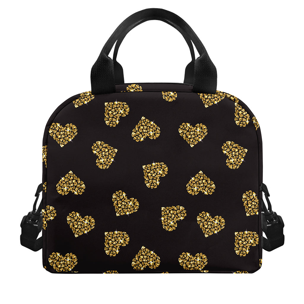 Gold Heart (NOT Real) Glitter Print Insulated Lunch Bag