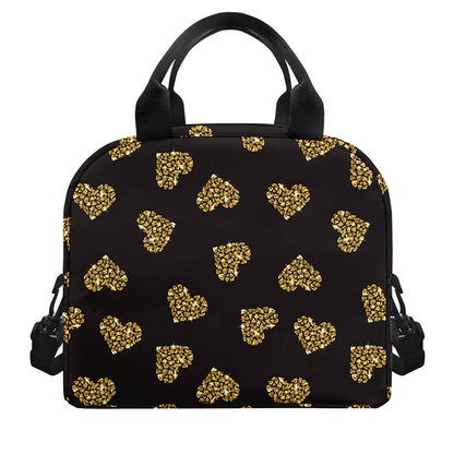 Gold Heart (NOT Real) Glitter Print Insulated Lunch Bag