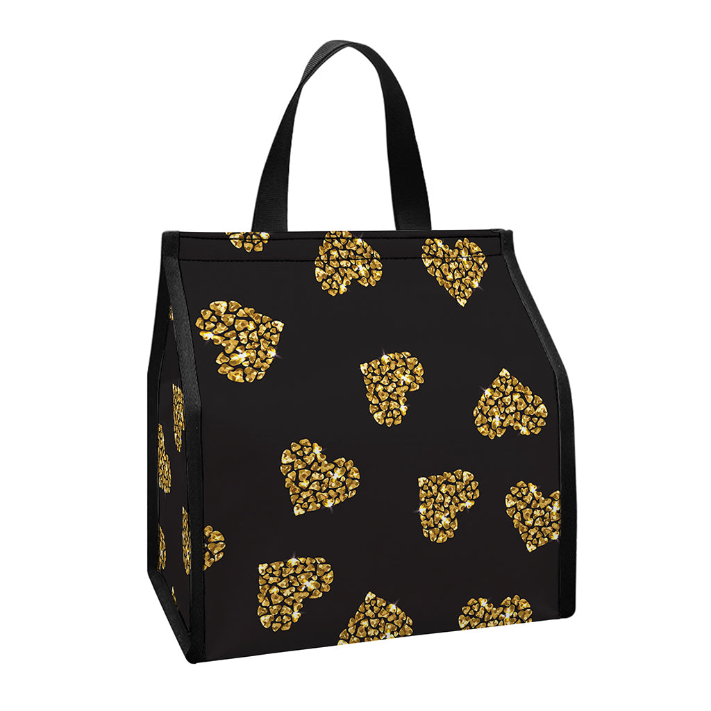Gold Heart (NOT Real) Glitter Print Insulated Lunch Tote