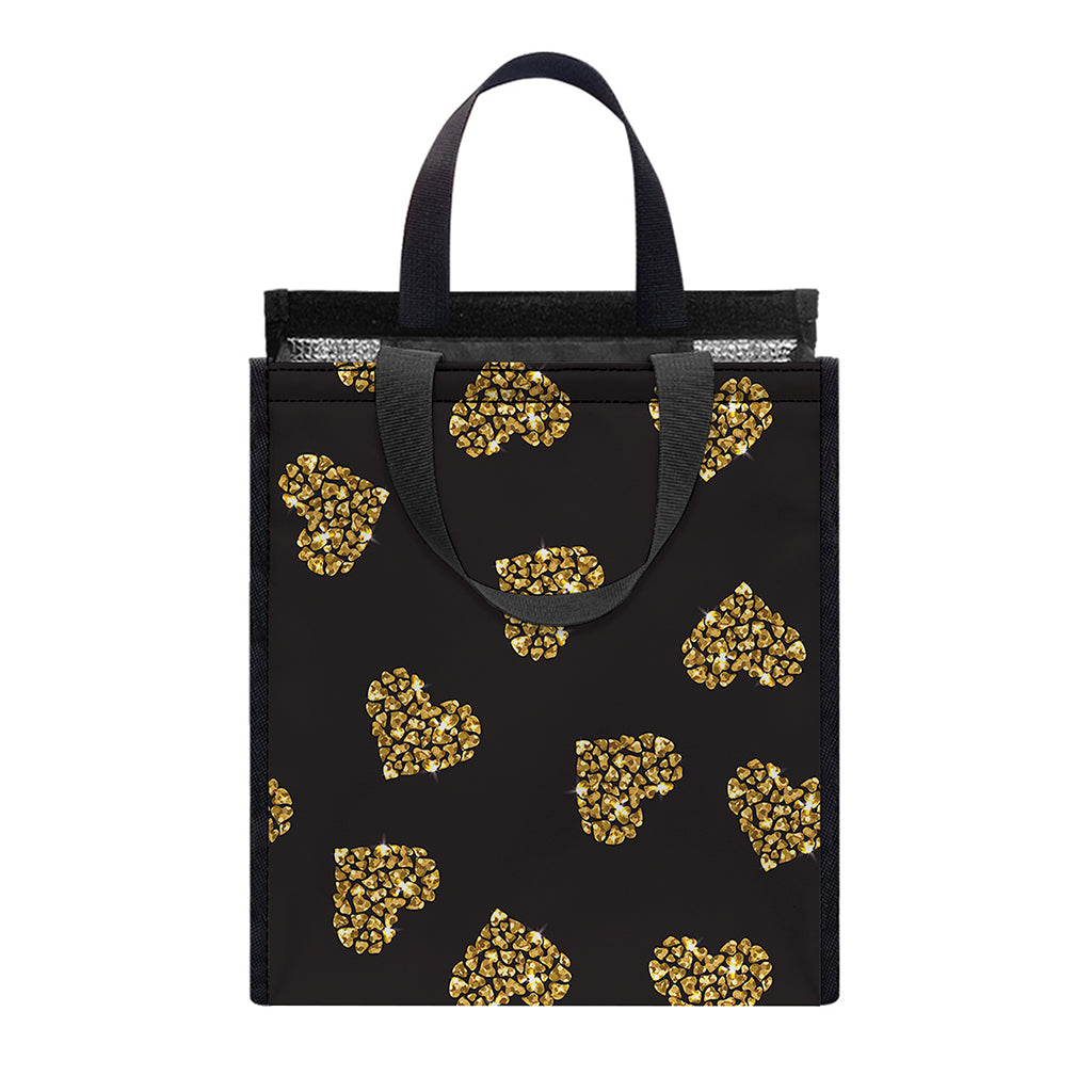 Gold Heart (NOT Real) Glitter Print Insulated Lunch Tote