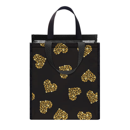 Gold Heart (NOT Real) Glitter Print Insulated Lunch Tote