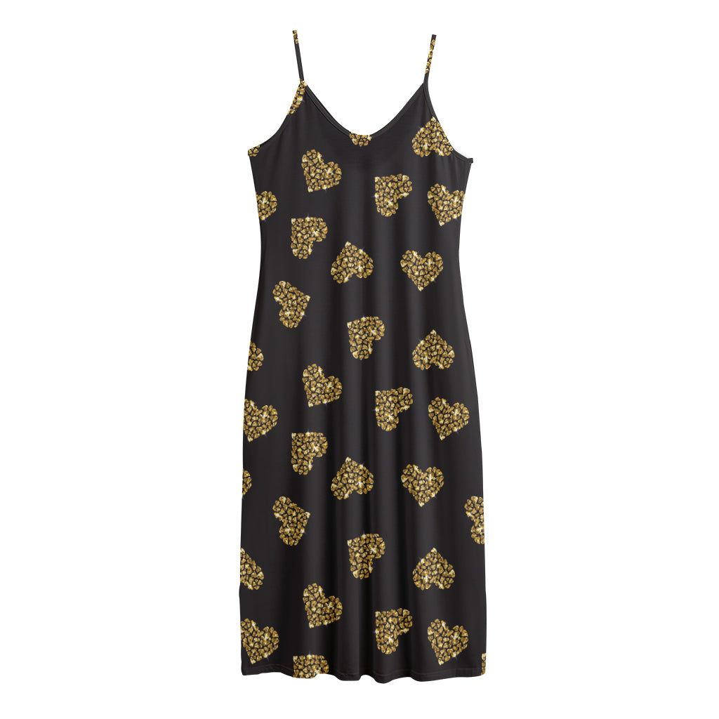 Gold Heart (NOT Real) Glitter Print Jersey Midi Cami Dress