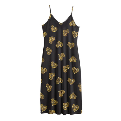 Gold Heart (NOT Real) Glitter Print Jersey Midi Cami Dress