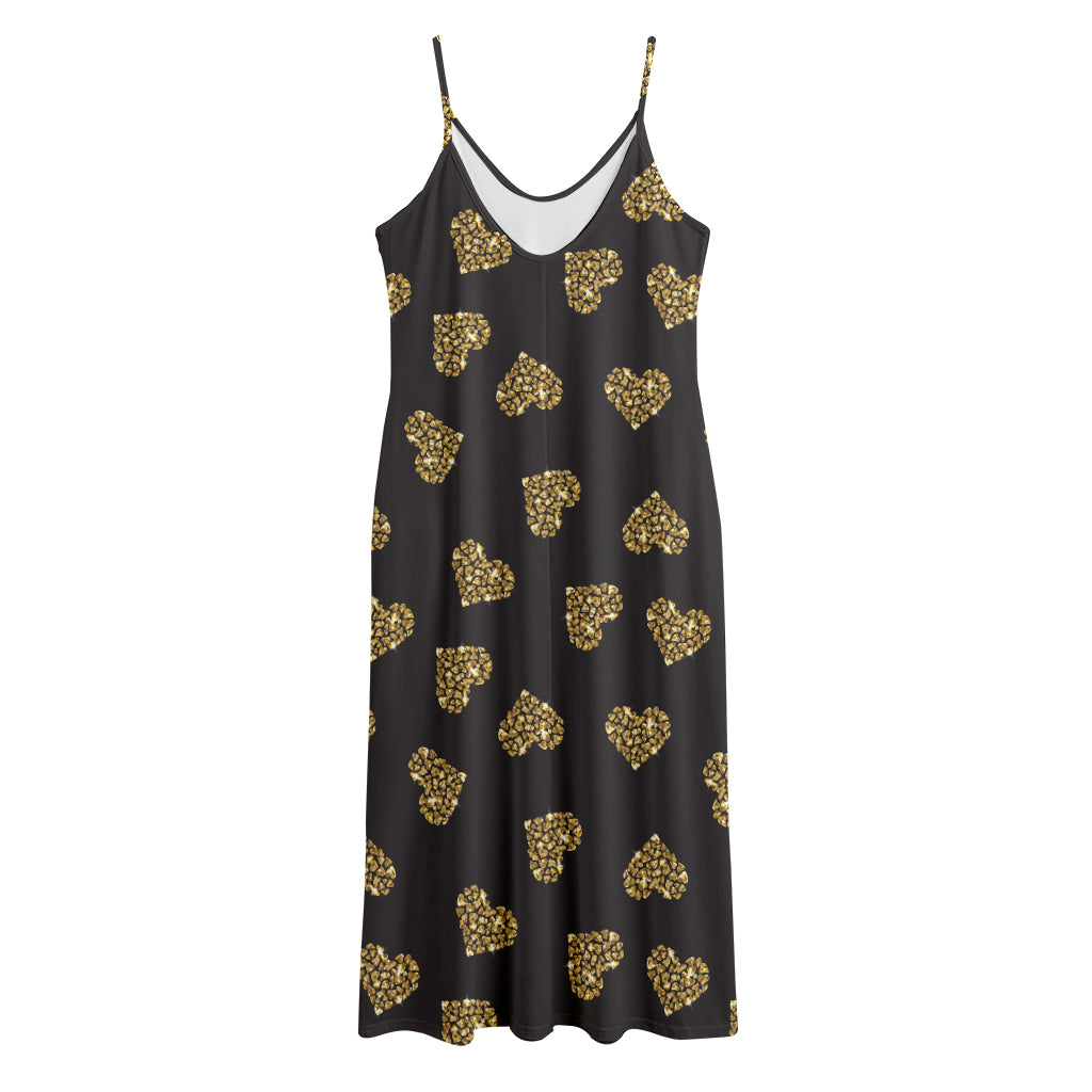 Gold Heart (NOT Real) Glitter Print Jersey Midi Cami Dress