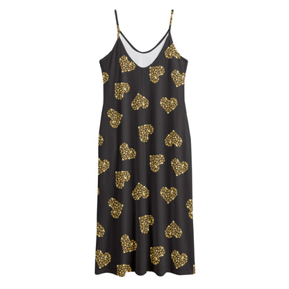Gold Heart (NOT Real) Glitter Print Jersey Midi Cami Dress