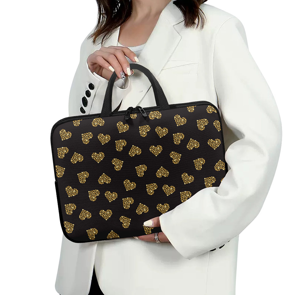 Gold Heart (NOT Real) Glitter Print Laptop Sleeve With Handle