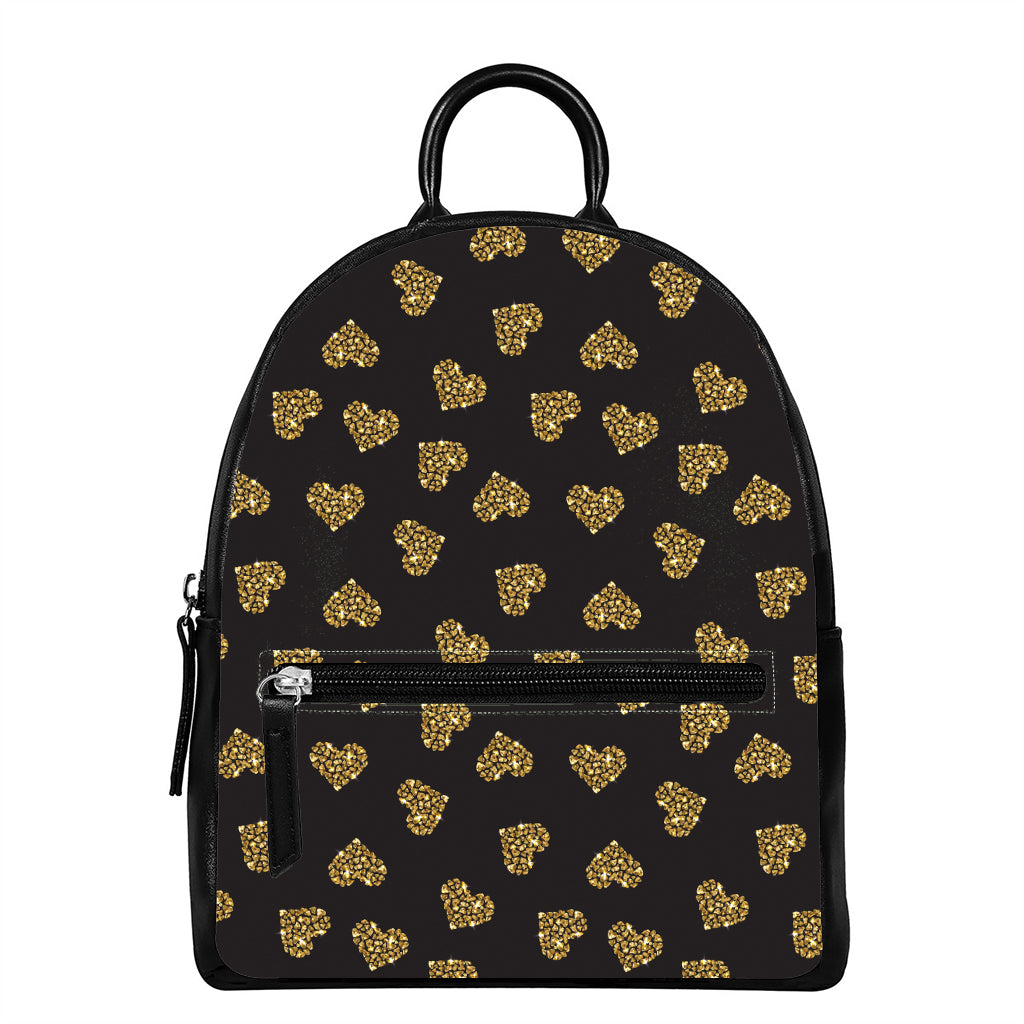 Gold Heart (NOT Real) Glitter Print Leather Backpack
