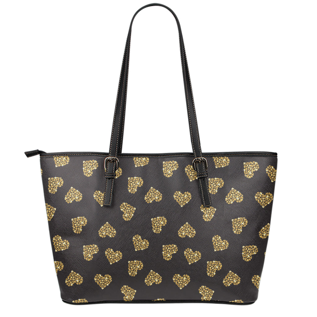 Gold Heart (NOT Real) Glitter Print Leather Tote Bag