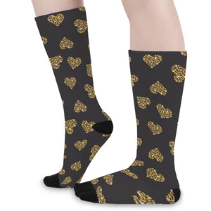 Gold Heart (NOT Real) Glitter Print Long Socks