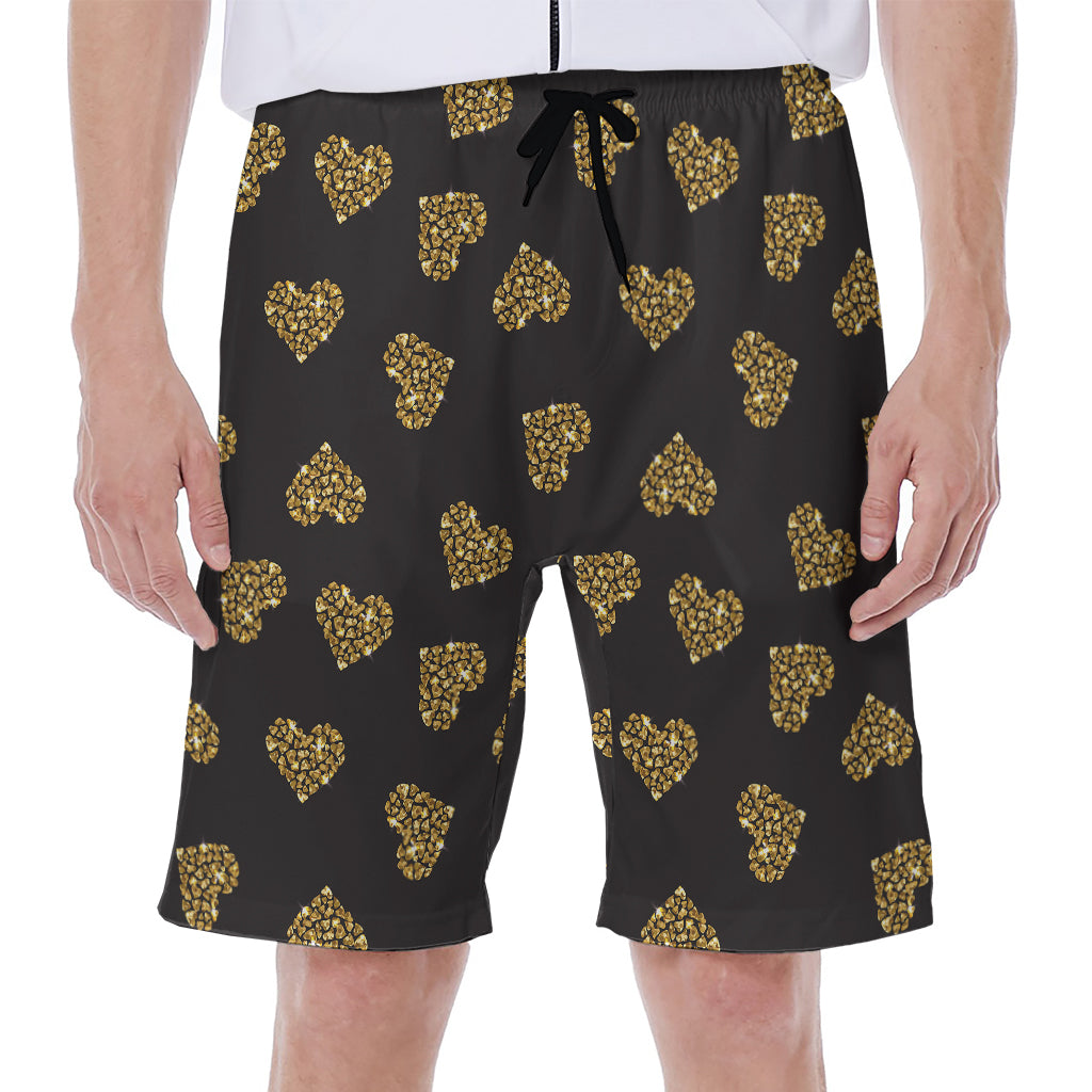 Gold Heart (NOT Real) Glitter Print Men's Beach Shorts